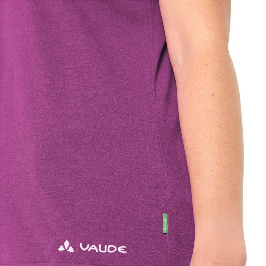 T-shirt Dames Vaude Essential merino paars, comfortabel en ademend voor fietsen en outdooractiviteiten
