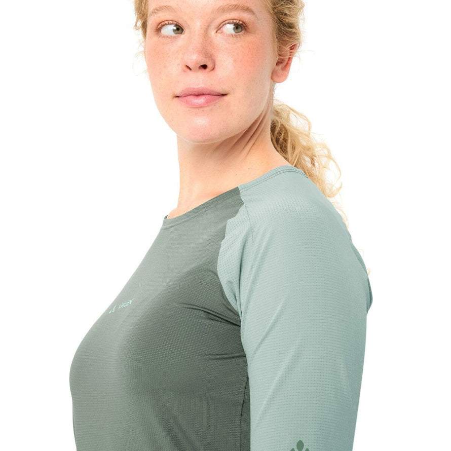T shirt gravel femme Vaude Kuro II manches longues vert, tissu technique et respirant pour cyclisme