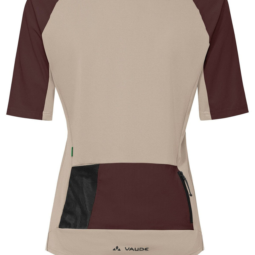 T shirt gravel femme Vaude Kuro II beige bordeaux avec poches arrières zippées, respirant et confortable pour vélo