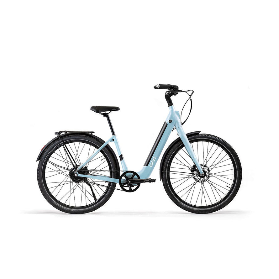 Vélo électrique clignotants integres Ellipse E2 ST Courroie Fourche Rigide Bleu Clair Tige de Selle Rigide Cruiser