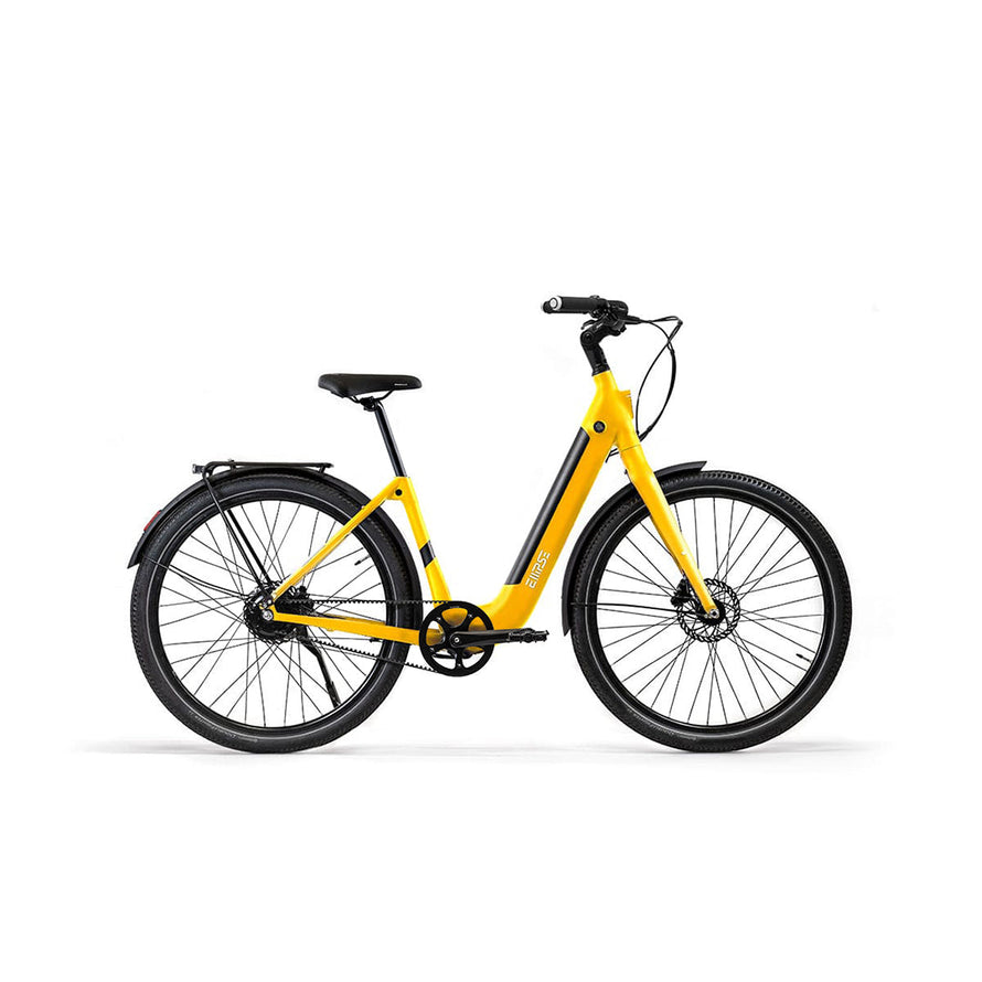 Vélo électrique clignotants integres Ellipse E2 ST Courroie Fourche Rigide Jaune Tige de Selle Rigide Cruiser