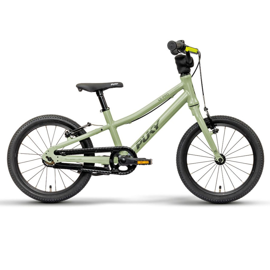 Vue latérale complète du vélo PUKY LS-PRO 16 vert, idéal pour les enfants de 4 à 6 ans, léger et sûr