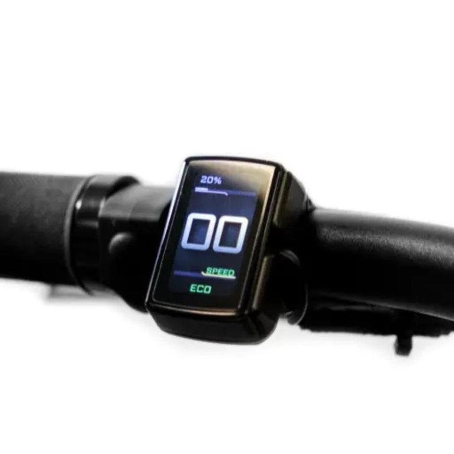 Écran LCD du guidon du vélo électrique E2ST affichant le niveau de batterie, la vitesse et le mode d’assistance Eco, permettant un contrôle précis de l’assistance électrique.