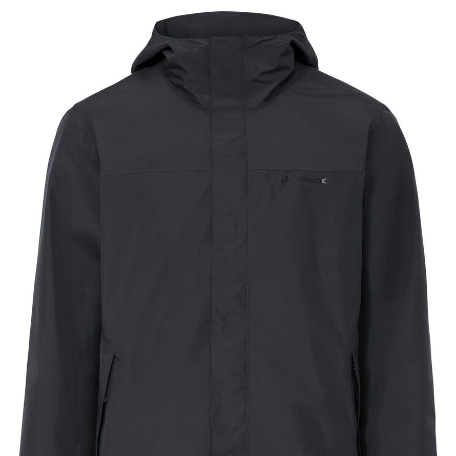 Veste imperméable homme Vaude Strathcona noire avec capuche, idéale pour cyclistes urbains sous la pluie