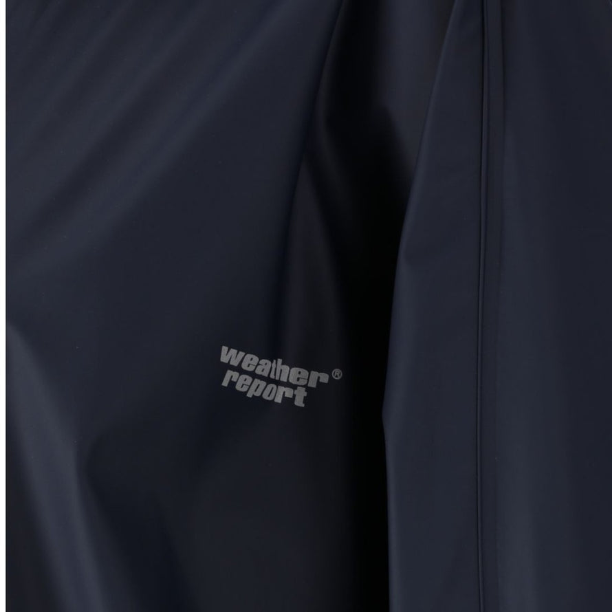 Logo Weather Report sur veste de pluie vélo 66 Weather Report Flame imperméable bleu marine