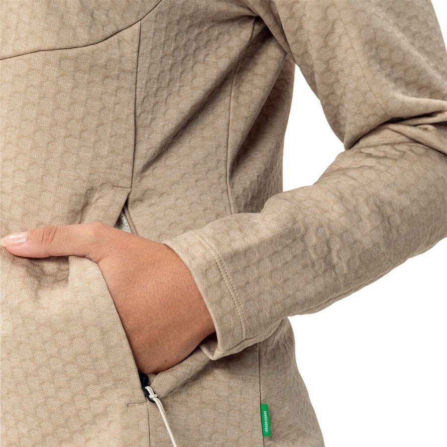 Veste polaire femme Vaude Skomer SC beige avec zip de poche, idéale pour randonnée et confort outdoor