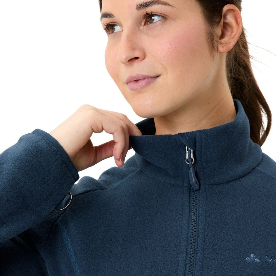 Veste polaire femme Vaude Rosemoor II bleu marine avec col montant et fermeture zippée pour protection contre le froid
