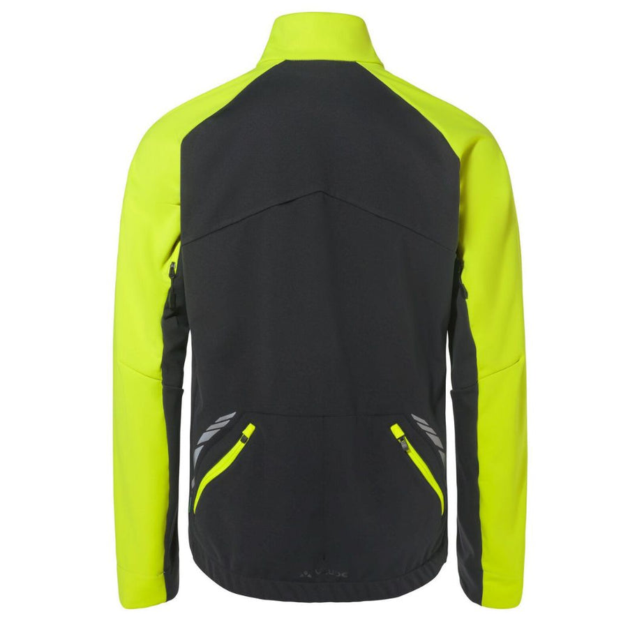 Veste softshell coupe-vent Vaude Posta V pour homme, noire avec bandes jaunes, parfaite pour cyclisme et sports outdoor