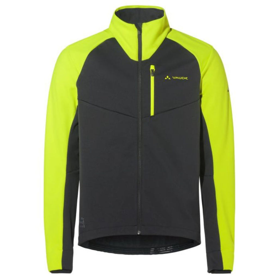 Veste coupe-vent softshell Vaude Posta V homme, noire avec bandes jaunes, idéale pour cyclisme et activités outdoor