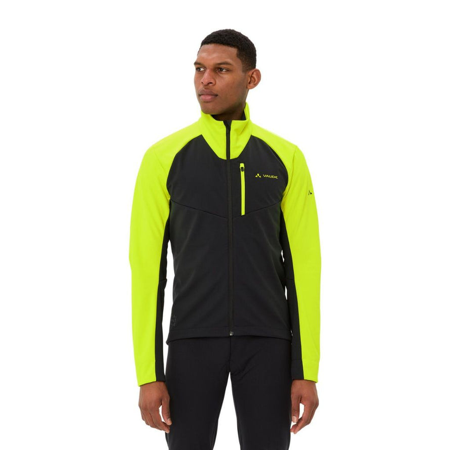 Veste softshell Vaude Posta V homme noire et jaune avec zip, coupe-vent idéale pour cyclisme et activités outdoor