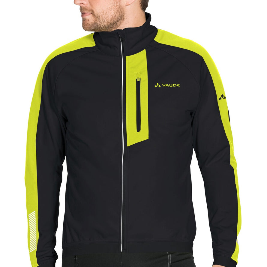 Veste softshell Vaude Posta V homme noire et jaune avec zip, coupe-vent idéale pour cyclisme et activités outdoor