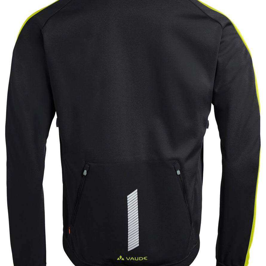 Veste softshell coupe-vent Vaude Posta V pour homme, noire avec bandes jaunes, parfaite pour cyclisme et sports outdoor