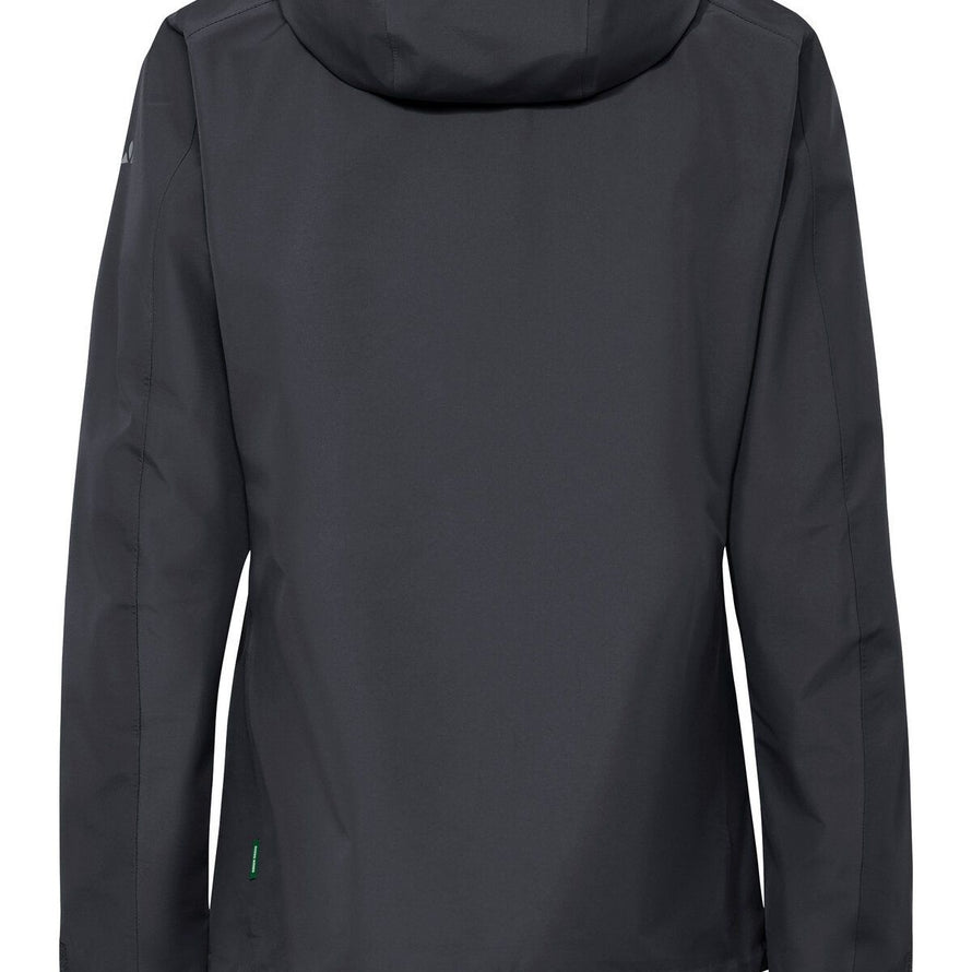 Dos avec capuche de la veste Vaude Elope 3 couches femme noire imperméable et respirante pour cyclisme