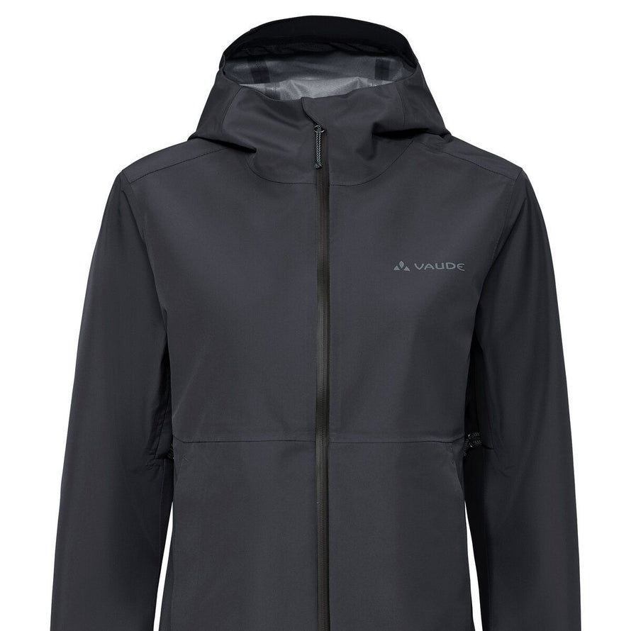Veste Vaude Elope 3 couches femme noire avec capuche et zip étanche, idéale pour cyclisme par temps humide