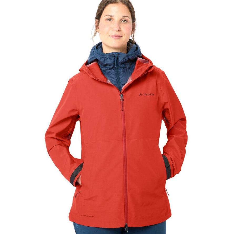 Veste Vaude Elope 3 couches femme rouge avec capuche et zip, imperméable et respirante pour cyclisme