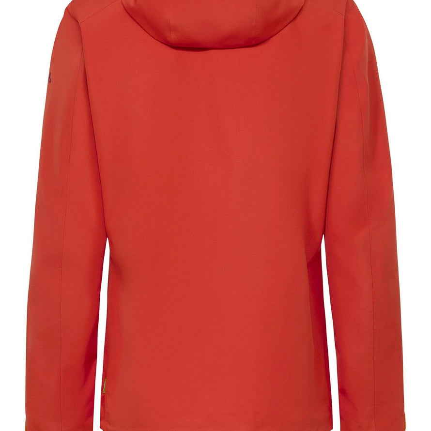 Dos de la veste Vaude Elope 3 couches femme rouge unie, imperméable et coupe-vent pour cyclisme