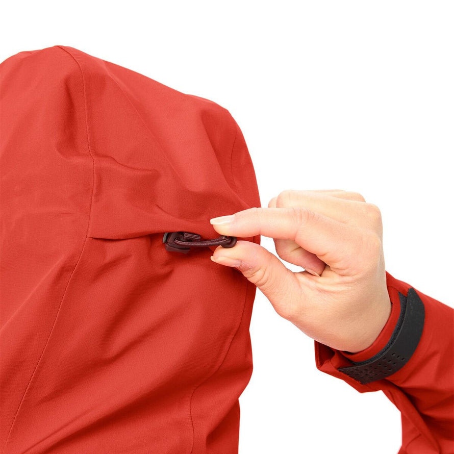 Veste Vaude Elope 3 couches femme rouge avec réglage capuche, imperméable et coupe-vent pour cyclisme