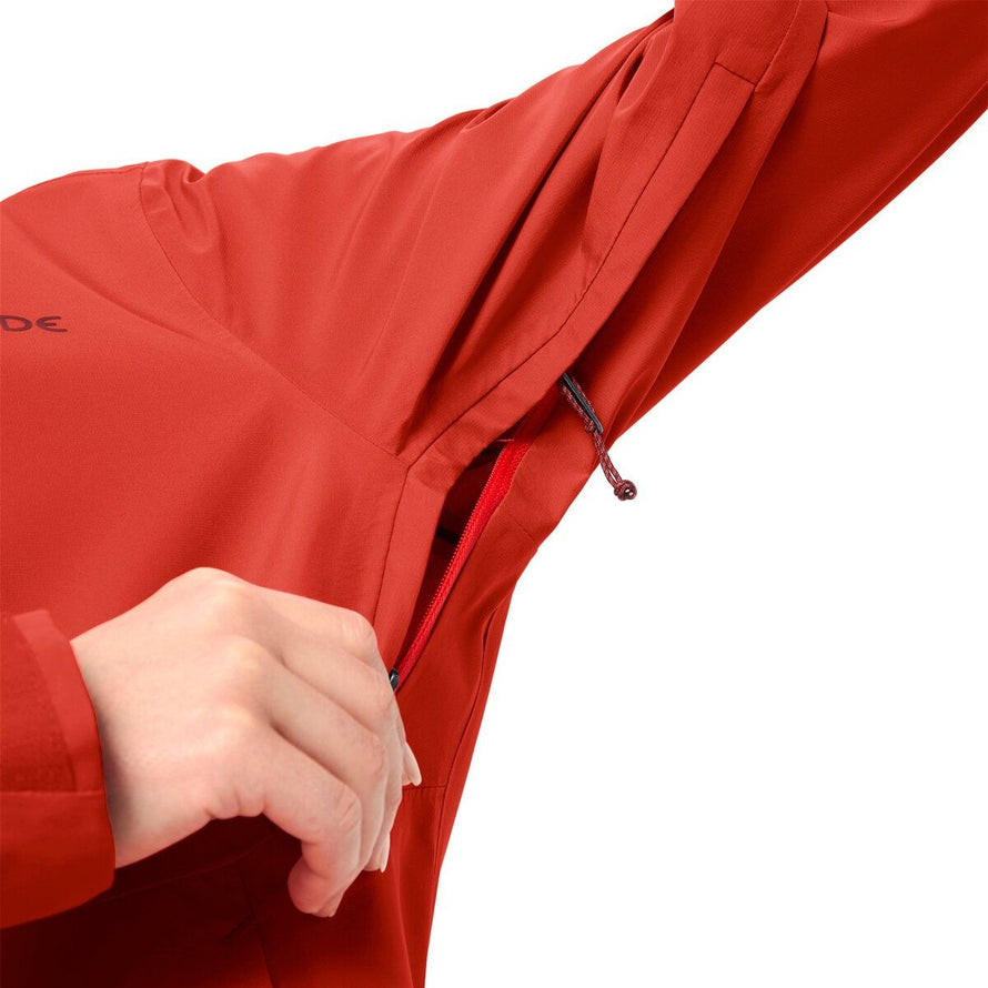 Veste Vaude Elope 3 couches femme rouge avec zip de ventilation sous les aisselles, respirante et imperméable