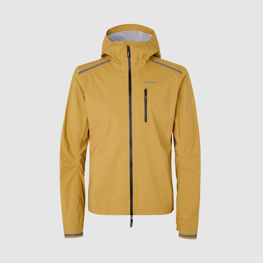Veste imperméable vélo avec capuche Explr de GripGrab couleur moutarde, protection pluie et confort pour cyclistes