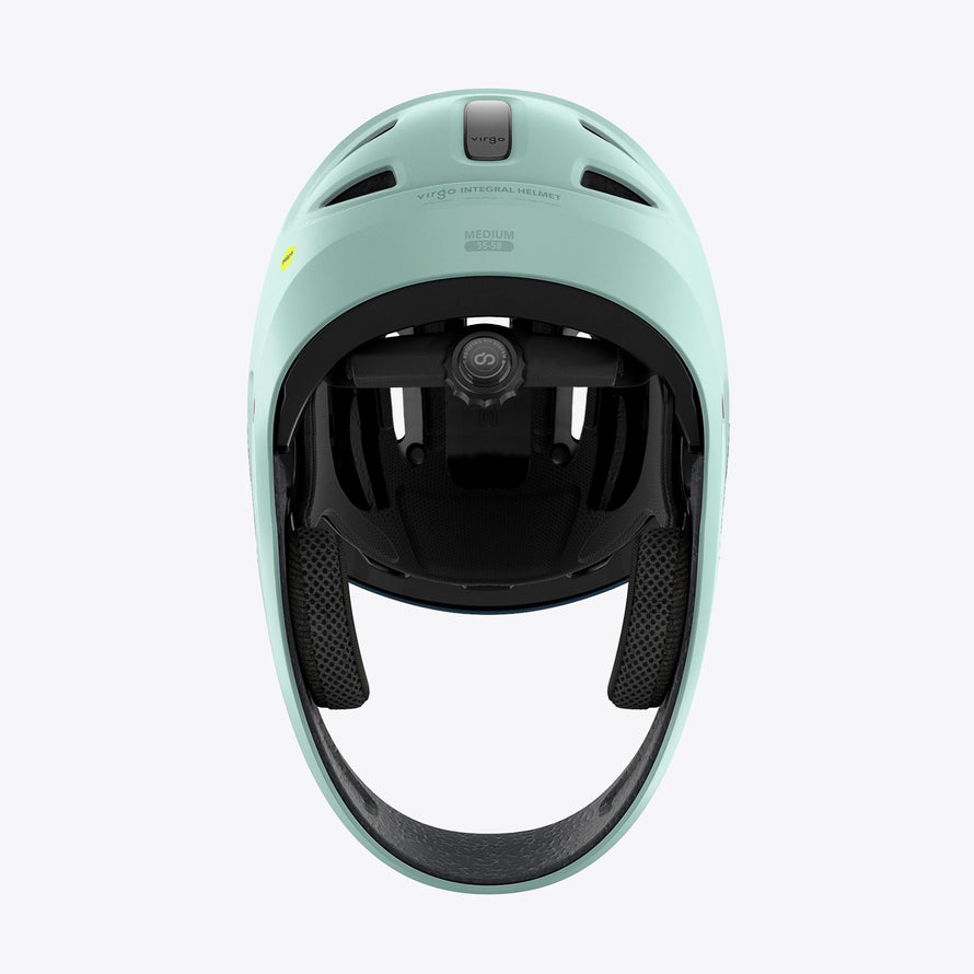 casque integral enfant virgo kid vert vue dessous avec systeme de serrage reglable