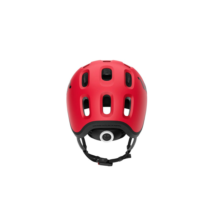 Casque velo woom ready rouge vue arriere avec systeme de reglage securise
