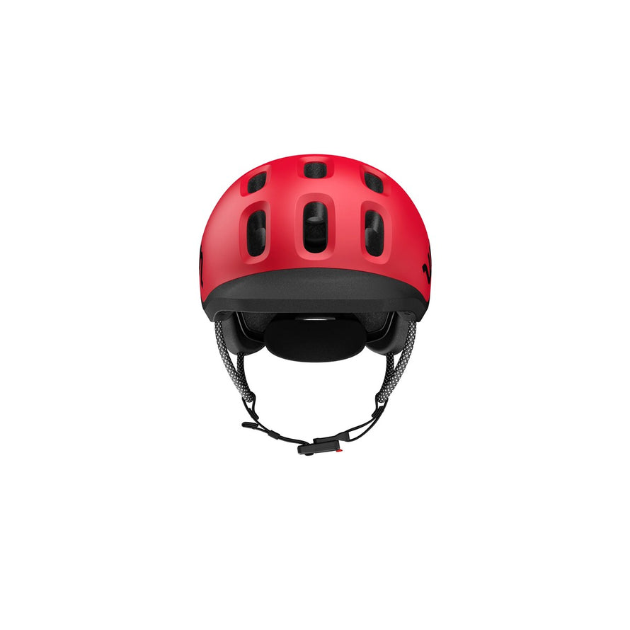 Casque woom ready rouge vue de face avec systeme de ventilation et maintien ajustable pour enfant