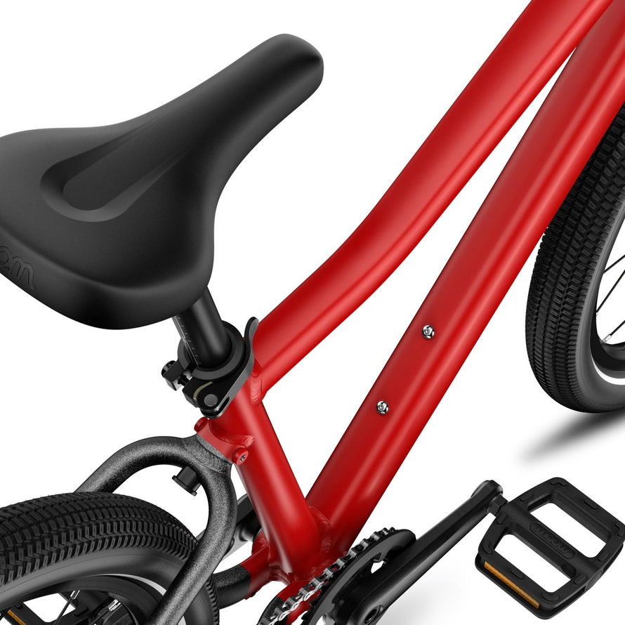 Cadre rouge et selle ergonomique du vélo enfant 20 pouces woom explore 4 pour 6 à 8 ans tout terrain