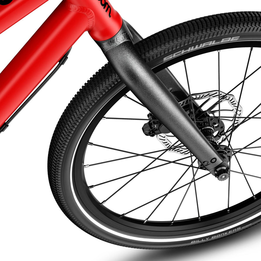 Fourche avant et frein a disque du velo enfant 20 pouces woom explore 4 tout terrain pour enfants de 6 a 8 ans