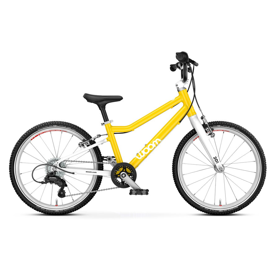 Velo enfant 20 pouces Woom GO 4 jaune avec 4 vitesses intuitives pour enfants de 6 a 8 ans