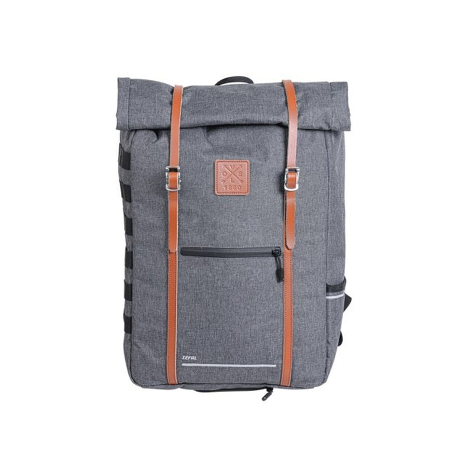 Sac à dos Zefal Urban Backpack convertible en sacoche, design moderne gris avec détails marron, parfait pour cyclistes urbains