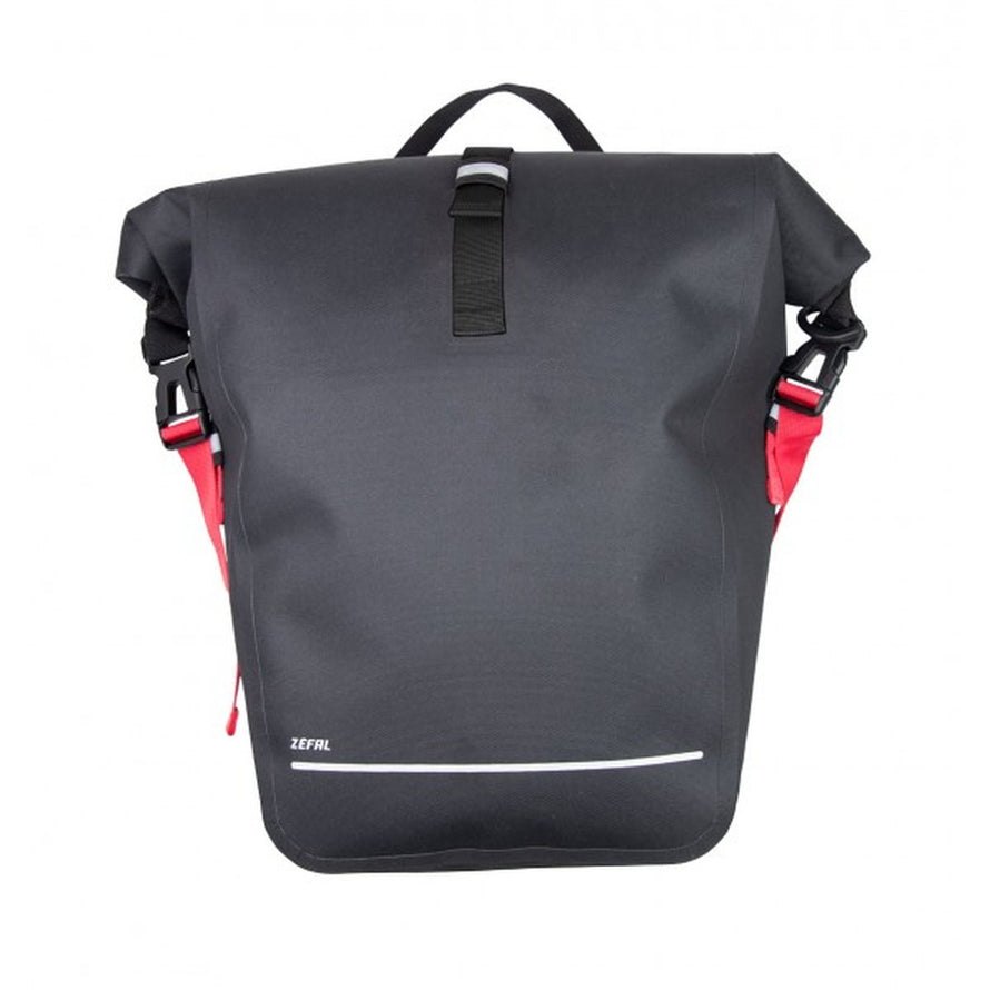 Sacoche vélo étanche Zefal Z Traveler avec fixation universelle, design noir et rouge, idéale pour cyclistes urbains